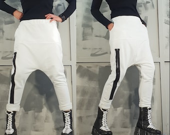 Witte katoenen harembroek voor dames, avant-garde gothic broek, broek met verlaagd kruis