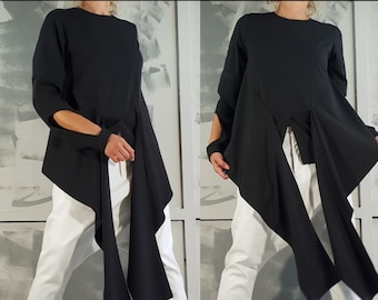 Asymmetric Black Tunic: Oversized Extravagant Sleeve Top