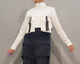Blazer vanguardista, chaqueta corta extravagante para mujer, moda de diseñador asimétrica, abrigo de capas de estilo urbano, atuendo atrevido
