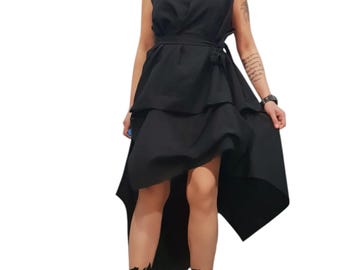Asymmetrical Black Linen Dress High Low Avant Garde Midi Dress