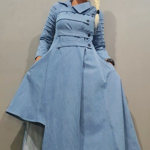 Avant-Garde Asymmetrical Denim Dress – Gothic Steampunk Long Sleeve Party Dress – Unique Handmade Statement Fashion