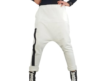 Witte harembroek met verlaagd kruis, avant-garde katoenen broek, losse pasvorm, elastische taille