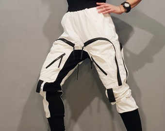 White Black Cargo Pants Women, Baggy Trousers, Avant Garde Streetwear Pants, Zip Pocket Utility Pants