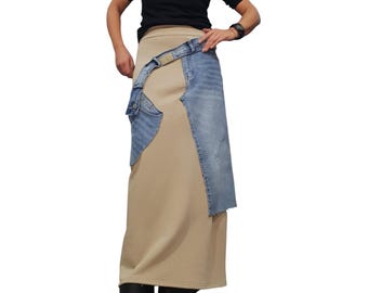 Denim Long Skirt, Beige Maxi Skirt, Asymmetrical Avant Garde Style