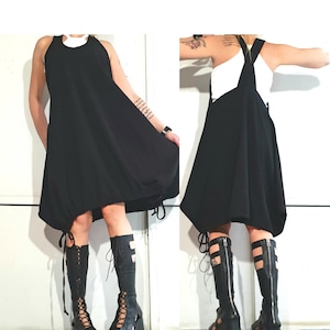 Extravagant Dress, Apron Dress, Loose Black Dress, Asymmetrical Dress, Oversize Dress With Pockets, Black Drop Dress, Steampunk Dress