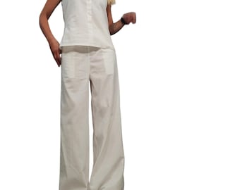 Avant Garde Two Parts Women Set, Linen Women Set, Loose Set, Extravagant Linen Outfit, White Linen Top, White Wide Pants, Summer Set