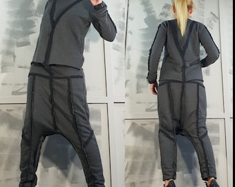 Bomullsset för kvinnor, extravagant haremskjorta, avantgardetopp, lösa byxor, harembyxor i bomull, gotisk outfit, casual set, byxor med sänkt gren