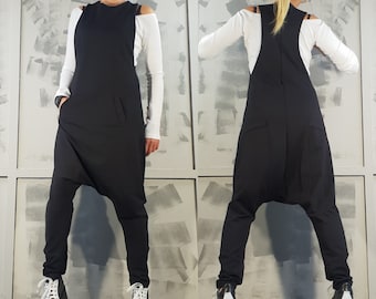 Schwarzer Harems overall, Avant Garde Loose Jumpsuit, Extravaganter Jumpsuit, Baumwoll Jumpsuit, Ärmelloser Schwarzer Jumpsuit, Casual Jumpsuit