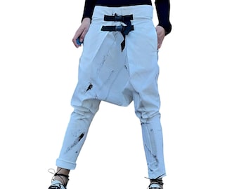 Wit geverfde harembroek, avant-garde broek met verlaagd kruis, baggy gothic broek