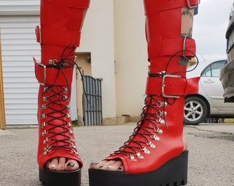 Leather Gladiator Sandals, High Sandals, Steampunk Sandals, Gothic Sandals, Leather Wedges, Strappy Sandals, Genuine Platform Sandals