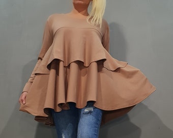 Avant Garde Tunic, Deconstructed Top, Cappuccino Loose Tunic, Asymmetrical Tunic, Oversized Tunic, Extravagant Top, Cotton Long Sleeve
