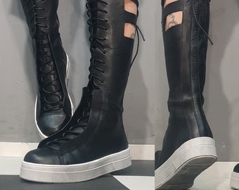 Handmade Gothic Leather Knee High Sneakers: Black Platform Cut-Out Punk Boots High Women Sneakers, Avant Garde Women Black Boots