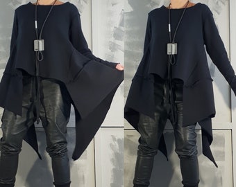 Avantgarde Tunika, dekonstruiertes Top, lockere Tunika, asymmetrische Tunika, übergroße Tunika, schwarzes Top, Langarmtop, extravagantes Top