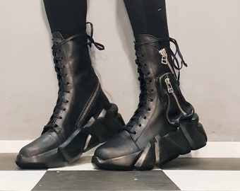 Gothic Black Leather Ankle Boots – Avant Garde Zipper Sneakers, Handmade Luxury Footwear, Unique Statement Shoes Pockets, Unique Sole Shoes