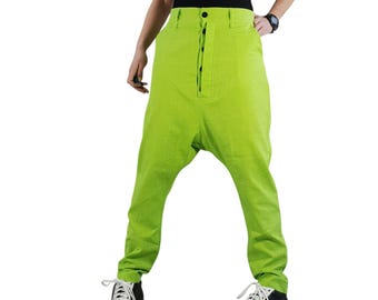 Green Linen Harem Pants, Drop Crotch High Waist Avant Garde Pants