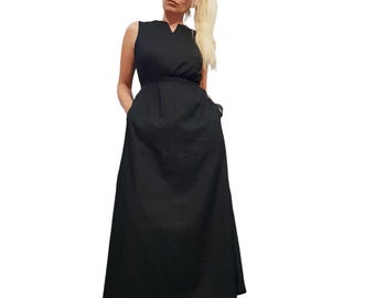 Black Linen Open Back Maxi Dress, Avant Garde Sleeveless Dress