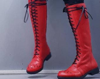 Red Flat Boots Red Leather High Boots Steampunk Boots Women Leather Shoes Gothic Shoes Winter Boots Long Boots Red High Boots Etsy