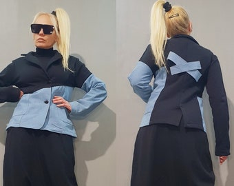 Avant Garde Denim Blazer – Handmade Steampunk Gothic Jacket for Women, Artistic Asymmetrical Outerwear, Statement Fashion