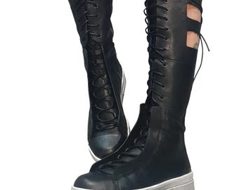 Handmade Gothic Leather Knee High Sneakers: Black Platform Cut-Out Punk Boots High Women Sneakers, Avant Garde Women Black Boots