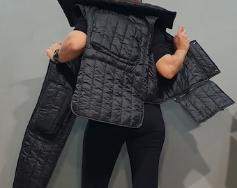 Gap Y2K Black Fur-Trim Down Vest, Adjustable Hood, 58