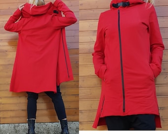 Red Cotton Oversized Hoodie: Longline Casual Sweatshirt