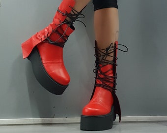 Red Leather Platform Boots: Gothic Grunge Ankle Boots