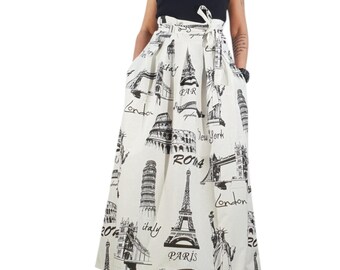 White High Waist Maxi Skirt, Avant Garde Pleated Print Long Skirt with Pockets