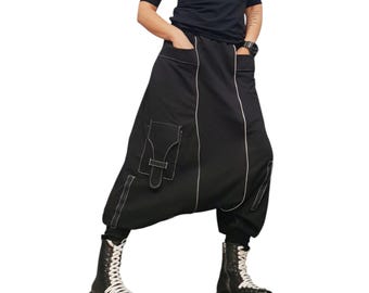 Black Cotton Harem Pants, Avant Garde Drop Crotch Trousers, Gothic Designer Pants