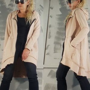 Extravagante Kapuzenjacke, Plus Size Hoodie, Langarm Hoodie, Kapuzentop, Oversized Hoodie, Baumwoll Zipper Hoodie, Beige Maxi Zipper Top Bild 1