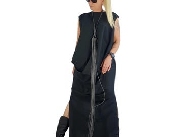 Black Linen Asymmetrical Dress Handmade Avant Garde Maxi
