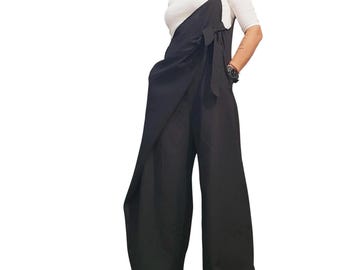 Black Linen Wide Leg Pants, Avant Garde Asymmetrical Strap Trousers