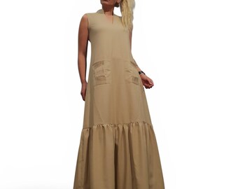Abito da donna in lino beige, abito lungo senza maniche, abito estivo minimalista, abbigliamento ampio in lino