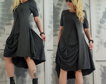 Extravagant Dress/Short Sleeve Dress/Grey Cotton Dress/Asymmetrical Dress/Avant-Garde Tunic Dress/Avant Garde Dress/ Comfortable Dress