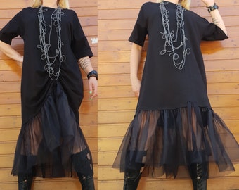 Vestido de algodón negro de vanguardia: mono de moda steampunk