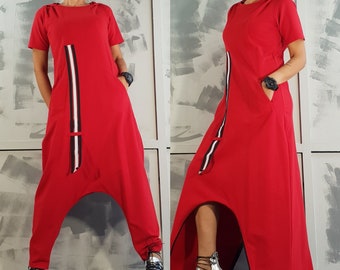 Tuta ampia, tuta/vestito rosso harem, vestito ampio asimmetrico, tuta stravagante, abbigliamento taglie forti, comoda tuta in cotone