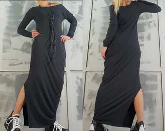 Avant Garde Grey Cotton Dress: Asymmetrical Steampunk Gothic Long Sleeve