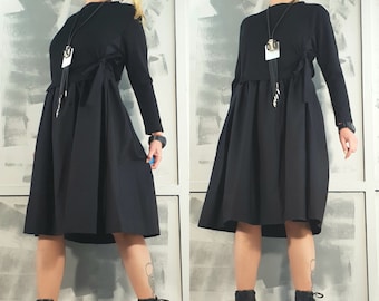 Black Cotton Asymmetric Dress: Extravagant Long Sleeve Tunic