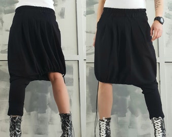 Black Asymmetrical Pant Skirt, Harem Pants Women, Avant Garde Punk Gothic Trousers