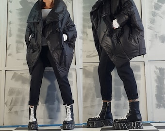 Oversized Black Quilted Jacket, Avant Garde Loose Urban Jacket, Edgy Gothic Coat, Streetwear Handmade Plus Size Women Jacket