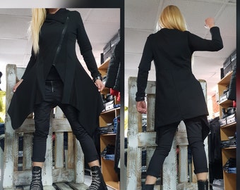 Asymmetrical Cotton Jacket – Avant Garde Steampunk Coat, Extravagant Black Cotton Outerwear, Statement Urban Fashion Design