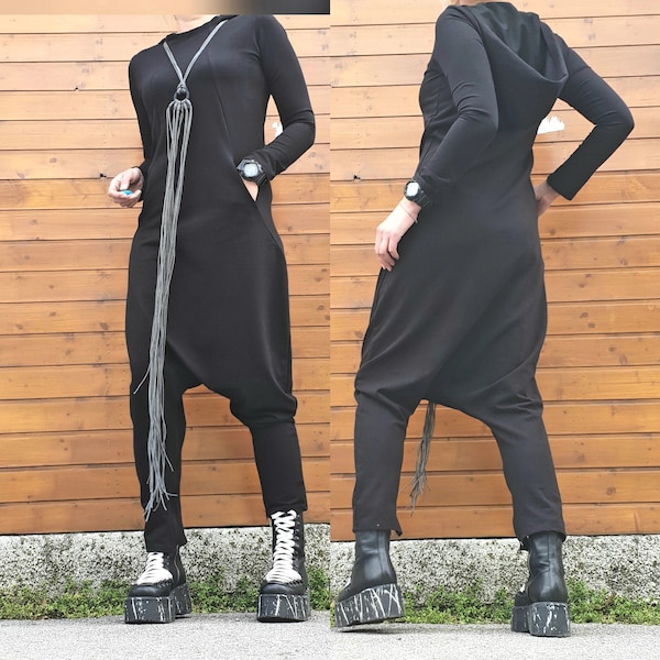 Combinaison/robe noire de Harem, combinaison lâche asymétrique, combinaison/robe de sweat à capuche, combinaison extravagante, vêtements de taille plus, femmes dans l’ensemble