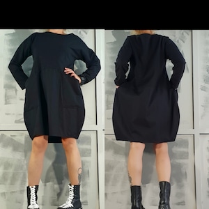 Extravagant Loose Dress, Black Cotton Dress, Tunic Dress, Blouson Dress, Asymmetric Dress, Long Sleeve Dress, Pocket Cotton Dress