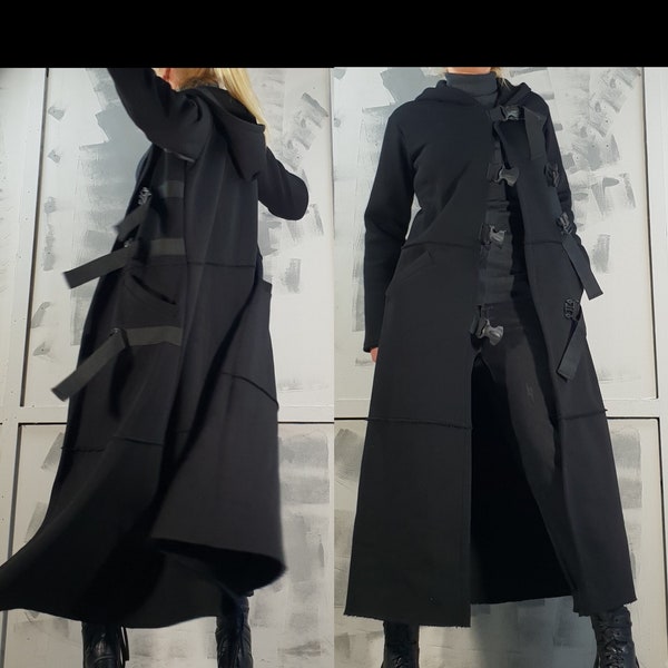 Extravagant Cotton Coat, Woman Warm Coat, Loose Coat, Hooded Cotton Coat, Oversized Coat, Long Black Coat, Urban Coat, Avant Garde Clothing