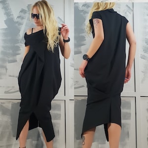 Loose Black Dress, Oversize Dress, Loose Cotton Dress, Asymmetrical Dress, One shoulder Dress, Party Dress, Casual Dress, Sleeveless Dress