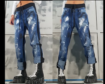Lässige Jeanshose, Extravagante Jeanshose, Jeans Haremshose, Lose Jeanshose, Frauen Jeans Boyfriend Hose, Extravagante Lockere Hose