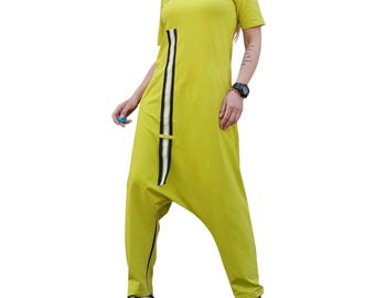 Mustard Cotton Harem Jumpsuit, Avant Garde Hooded Drop Crotch Jumpsuit, Convertible Maxi Dress