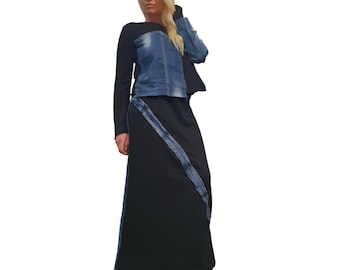 Avant Garde Deconstructed Women's Outfit – Black Cotton Top & Skirt Set, Asymmetrical Design, Comfortable Casual Outfit