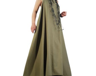 Olive Green Linen Maxi Dress, Avant Garde Oversized A-Line, High Neck Minimalist Dress