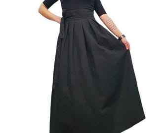 Black Linen Maxi Skirt, High Waist with Pleats and Pockets, Avant Garde Gothic Style