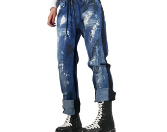 Painted Denim Harem Pants, Drop Crotch Baggy Jeans, Avant Garde Gothic Women's Jeans